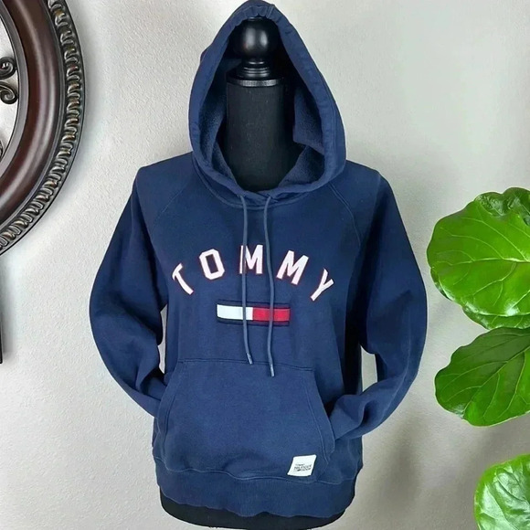 Tops - Tommy Hilfiger Denim Navy Blue Sweatshirt with Hood and Pouch Size: Medi…